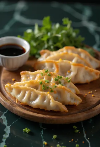 Gyoza de Atum servido com recheio de atum e legumes e molho de soja