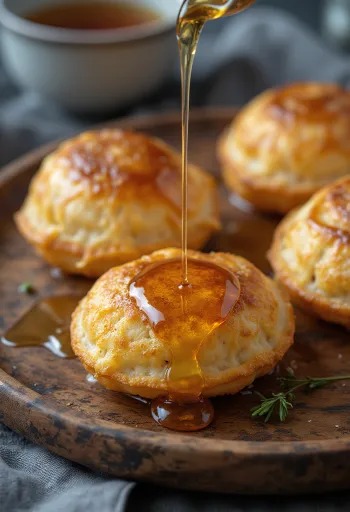 Æbleskiver adoçado com mel, bolinhos frescos e macios servidos
