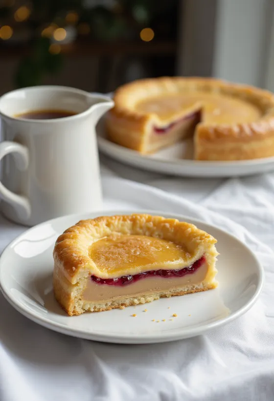 Torta Bakewell com manteiga de amendoim, recheio de amêndoas e geleia de framboesa