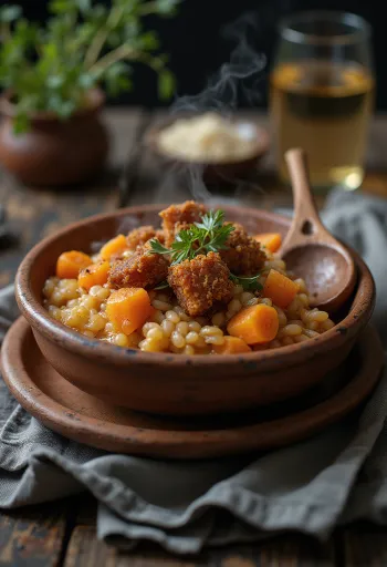 Cuchuco con chicharrón, com carne de porco crocante e legumes temperados