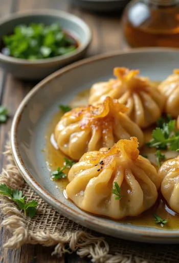 Gyoza de grão-de-bico, massa recheada japonesa decorada com coentro fresco