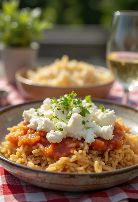 Koshari com ricota, prato egípcio de arroz, lentilha e macarrão, em rico molho de tomate, com ricota