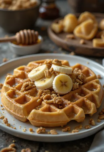 Waffle de Manteiga de Amendoim com frutas frescas e calda de chocolate