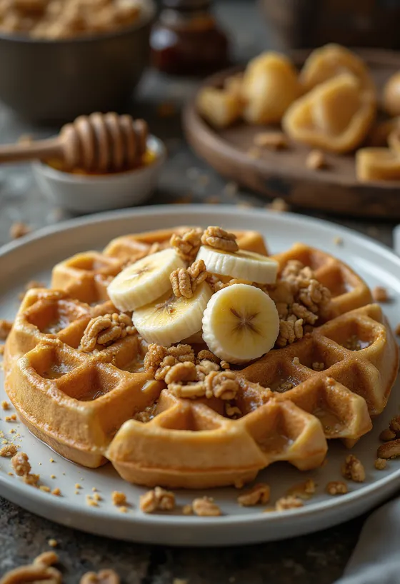 Waffle de Manteiga de Amendoim com frutas frescas e calda de chocolate