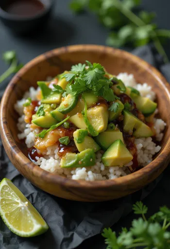 Poke com molho shoyu, legumes frescos sobre arroz, decorado com coentro e limão.