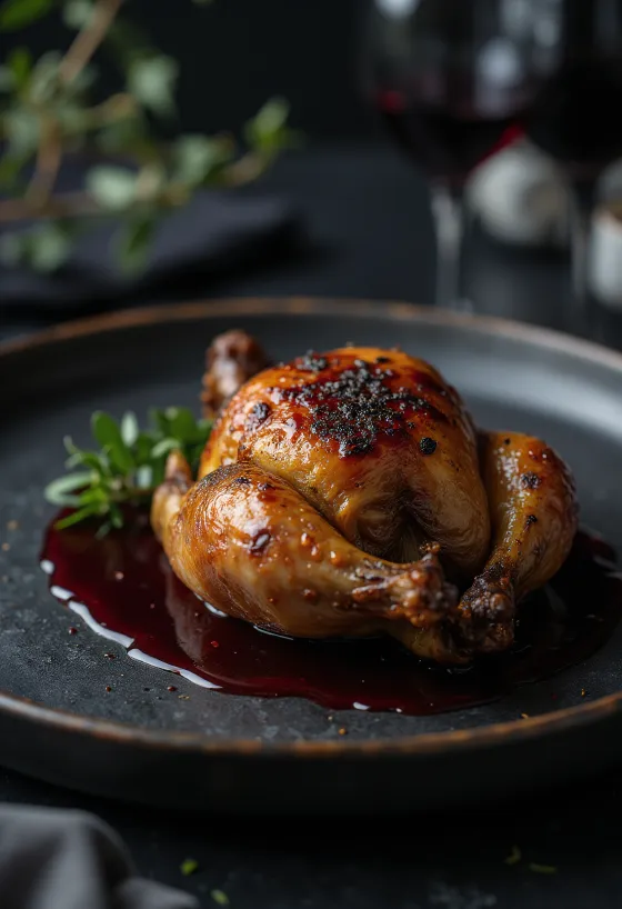 Perdiz assada ao molho de vinho tinto servida elegantemente.