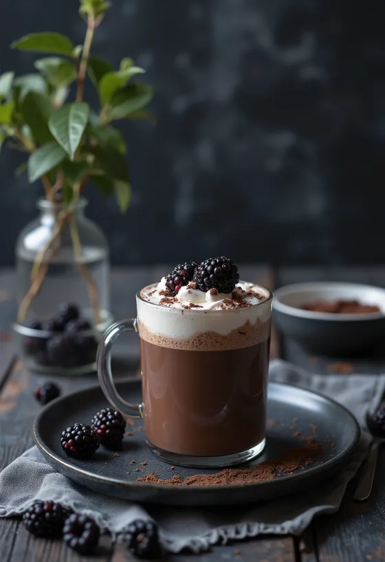 Chocolate quente com amora na caneca