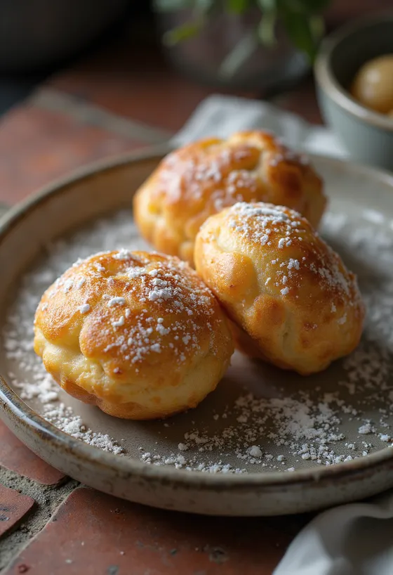 Æbleskiver com cardamomo, polvilhado com açúcar de confeiteiro
