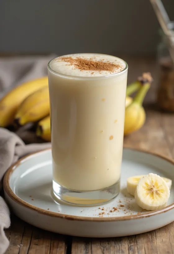 Lassi de banana, bebida refrescante de iogurte com cubos de gelo e canela
