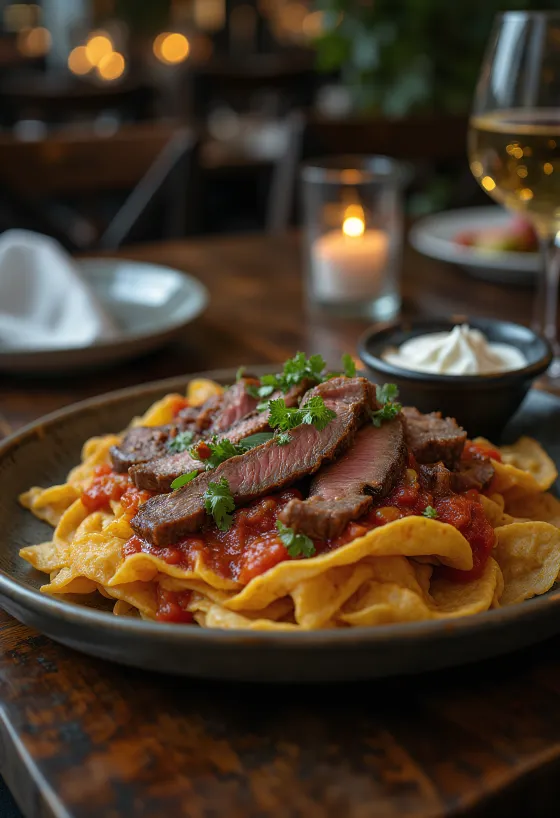 Chilaquiles com fraldinha – pedaços de tortilha crocantes, molho de tomate, queijo ralado e creme de leite, servidos com carne grelhada