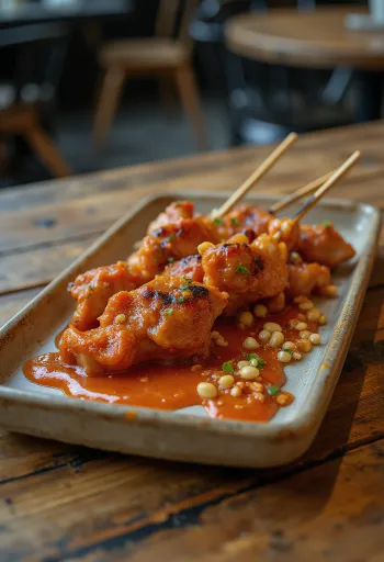 Espetinhos de frango satay com pimenta e molho de amendoim