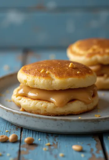 Dorayaki com manteiga de amendoim, panqueca fresca recheada com manteiga de amendoim, textura fina