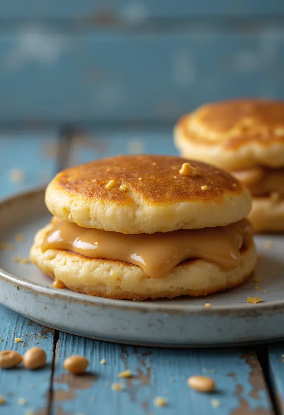Dorayaki com manteiga de amendoim, panqueca fresca recheada com manteiga de amendoim, textura fina