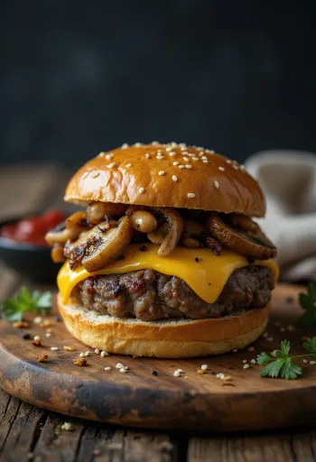 Hambúrguer com cogumelos e queijo
