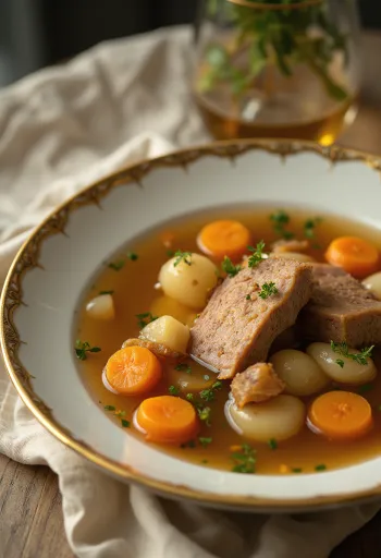 Tigela de sopa de carne límpida com legumes coloridos