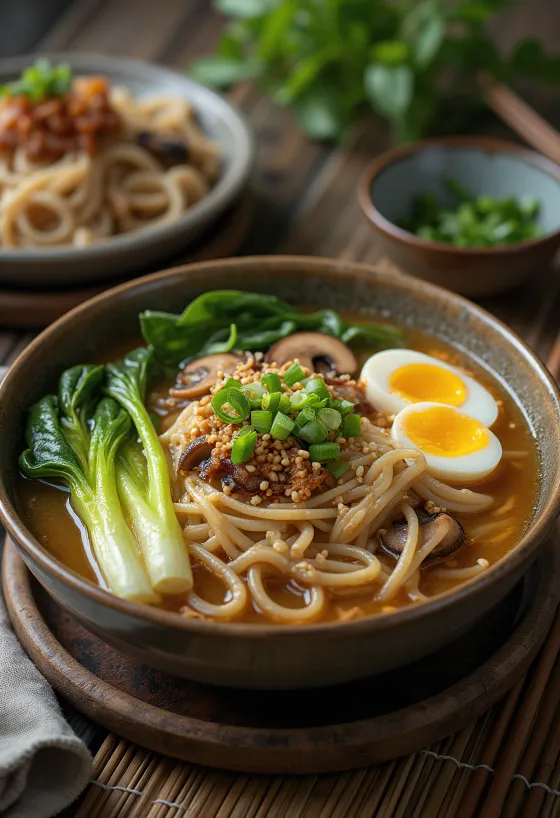 Udon-style Ramen servido com massa grossa e ovo