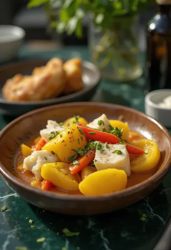 Ackee e bacalhau salgado servido com legumes e especiarias
