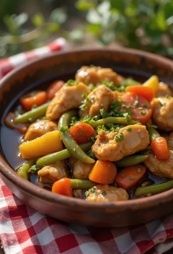 Adobo com ragu de legumes, decorado com coentro fresco