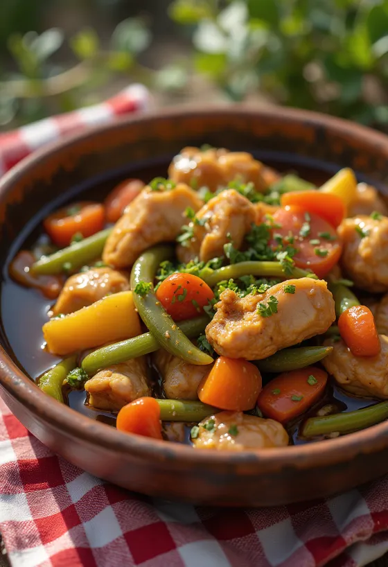 Adobo com ragu de legumes, decorado com coentro fresco