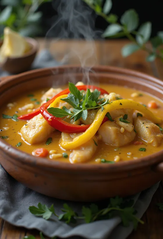 Moqueca com pedaços de peixe, pimentões vermelhos e amarelos, servida em molho de leite de coco