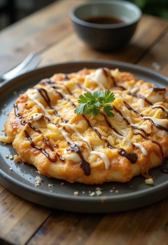 Pizza Okonomiyaki com repolho e flocos de atum
