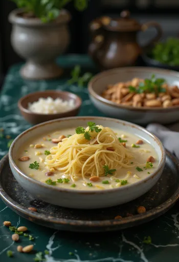 Sobremesa Vermicelli Kheer decorada com amêndoas e cardamomo