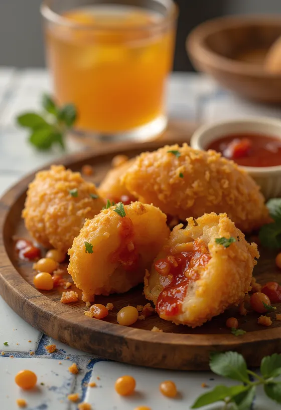Acarajé com molho de pimenta, bolinhos crocantes servidos com molho picante e coentro