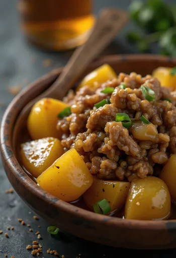 Adobo com batata, carne picante e batata crocante servida