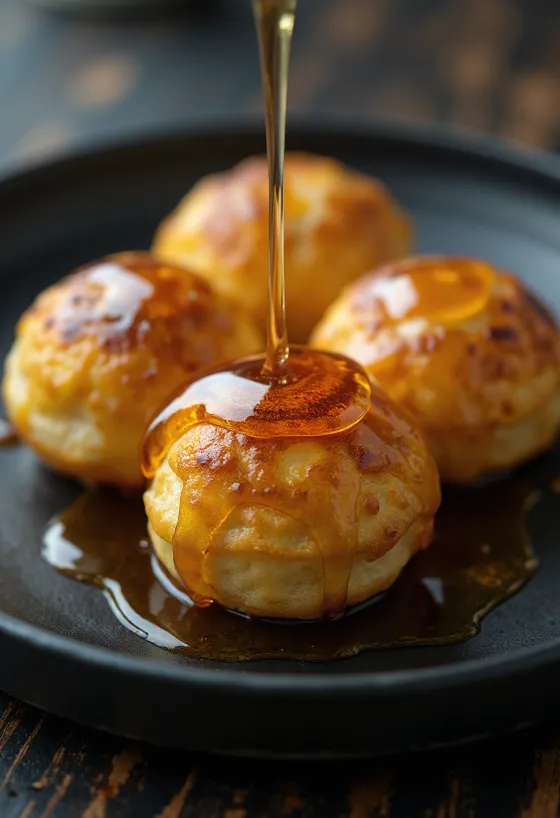 Æbleskiver com xarope de bordo, bolinhos frescos dourados servidos com xarope