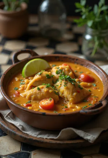 Prato de peixe Moqueca, servido com molho espesso e coentro fresco