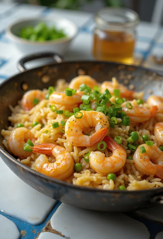 Arroz frito com camarão servido