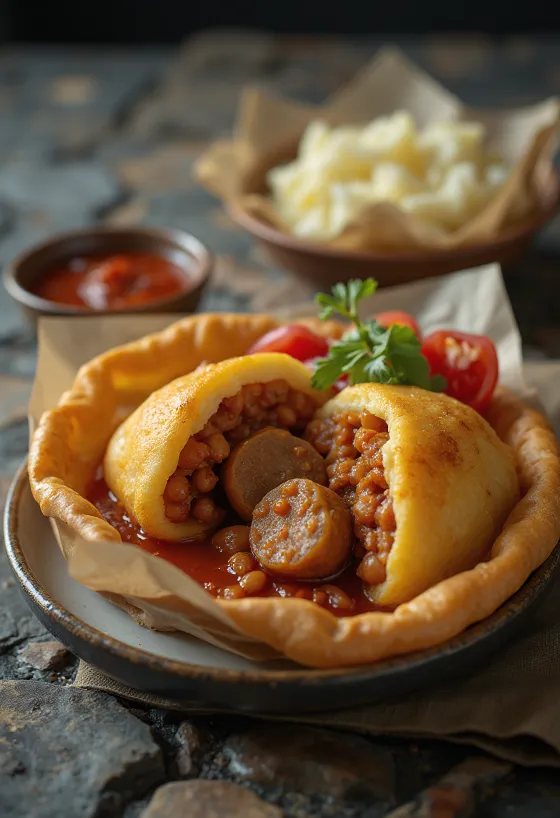 Acarajé com linguiça, feijão temperado e decoração de salsa fresca