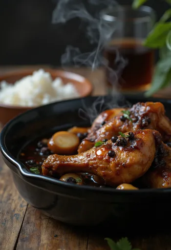 Frango adobo, cozido em molho de soja, servido ao lado de arroz