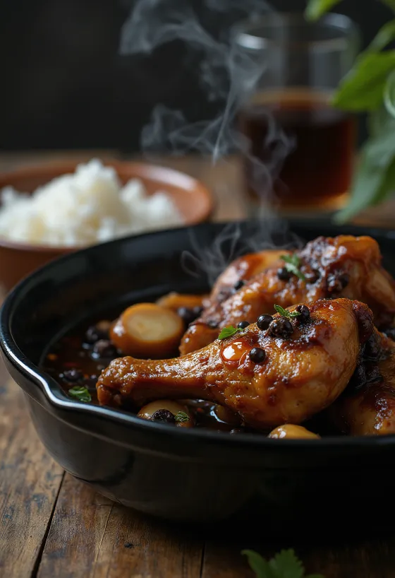 Frango adobo, cozido em molho de soja, servido ao lado de arroz