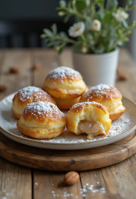 Æbleskiver recheado com amêndoas, polvilhado com açúcar de confeiteiro, servido em uma tigela