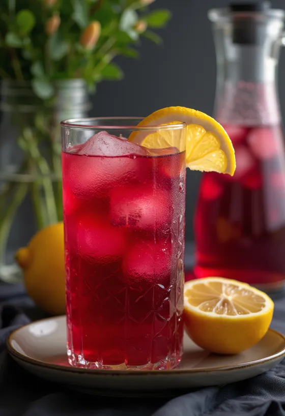Limonada de hibisco vermelha servida no copo