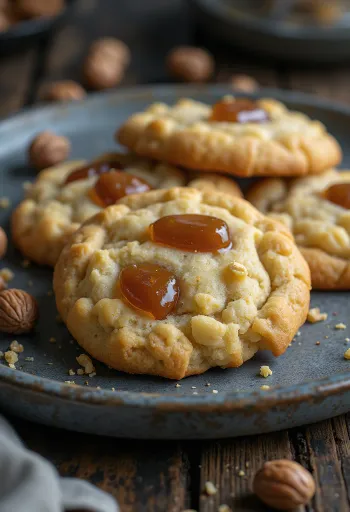 Biscoitos de avelã com crocante de caramelo servidos