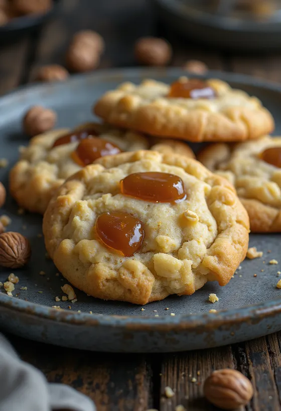 Biscoitos de avelã com crocante de caramelo servidos