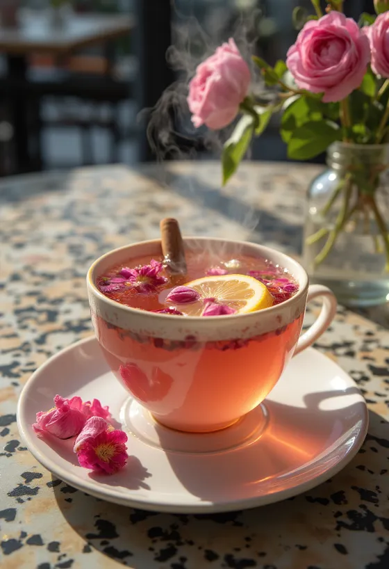 Sidra com pétalas de rosa na caneca