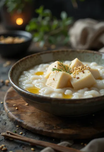 Congee com Tofu, mingau de arroz chinês contendo tofu, alho e gengibre