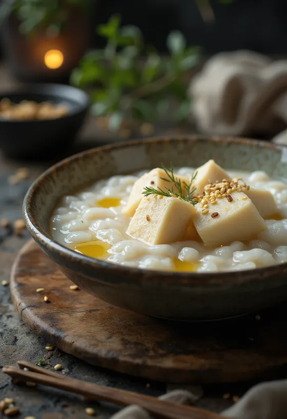 Congee com Tofu, mingau de arroz chinês contendo tofu, alho e gengibre