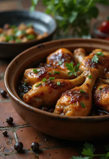 Adobo de frango, servido em molho de shoyu e vinagre, decorado com ervas