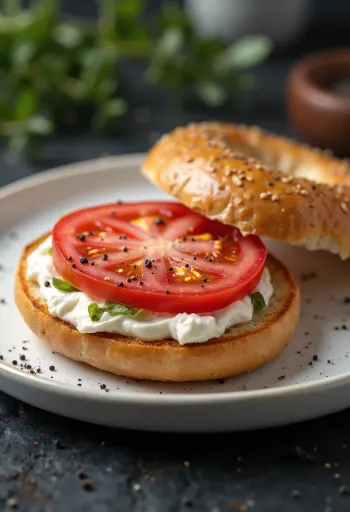 Bagel com tomate e cream cheese, decorado com manjericão