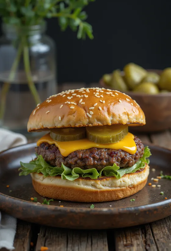 Hambúrguer de carne bovina orgânica com ingredientes frescos