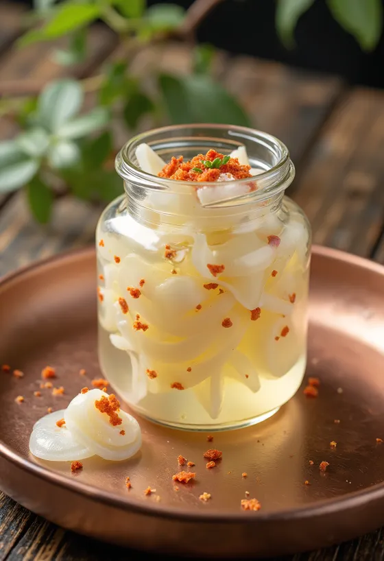 Daikon-zuke, fatias frescas de rabanete em vinagre servidas num prato branco, guarnecidas com coentro