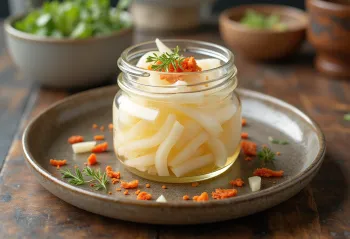 Daikon-zuke, fatias frescas de rabanete em vinagre servidas num prato branco, guarnecidas com coentro