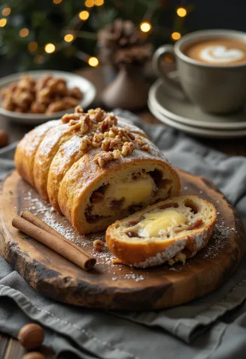 Stollen de canela e nozes fatiado