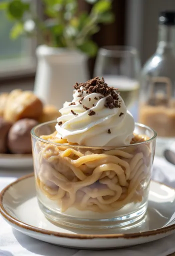 Purê de castanha com chantilly e raspas de chocolate