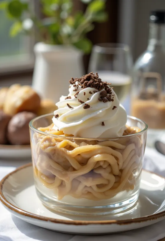 Purê de castanha com chantilly e raspas de chocolate