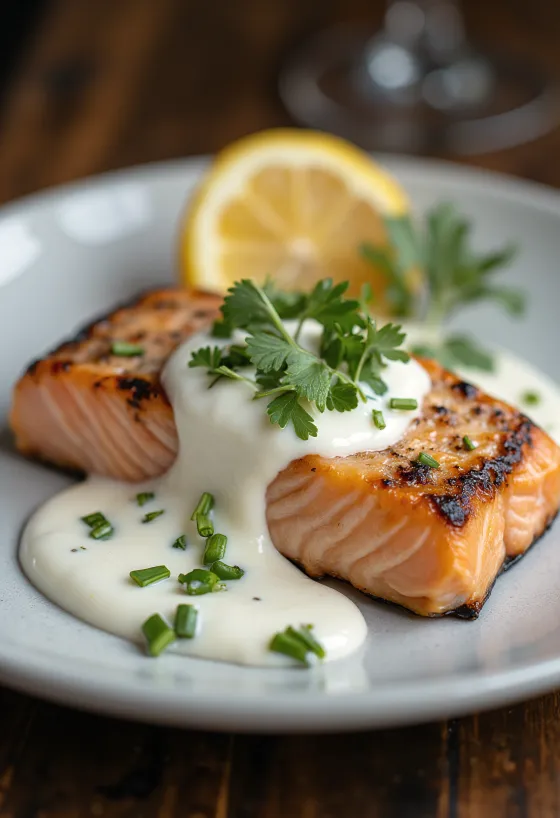 Salmão grelhado servido com molho de creme de leite e endro